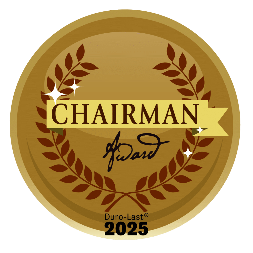 A gold circular badge with laurel leaves, the text &ldquo;CHAIRMAN Award,&rdquo; a signature, and &ldquo;Duro-Last 2025&rdquo; at the bottom.